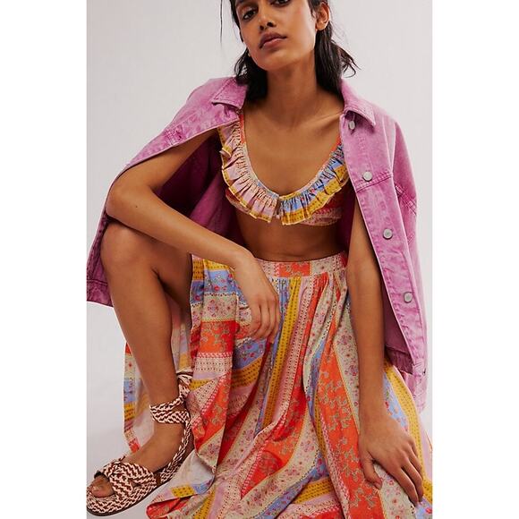 New Free People As It Was Midi Skirt Set $168 MEDIUM Orange/Blue Crop Top - Picture 3 of 7